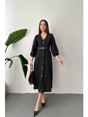 Moda Days Kadın Siyah Kot Midi Elbise V Yaka Balon Kol Düğmeli Cep Detaylı A Kesim