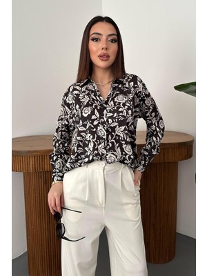 Moda Days Kadın Siyah Çiçek Desenli Gömlek Uzun Kollu Düğmeli Klasik Yaka Dokuma