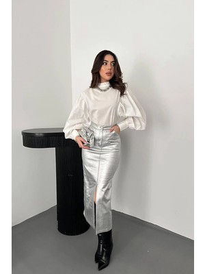 Moda Days Kadın Gümüş Varaklı Gabardin Yüksek Bel Yırtmaçlı Midi Kalem Etek