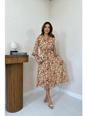 Moda Days Kadın Bej Çiçek Desenli Şifon Kuşaklı Gömlek Yaka Midi Elbise