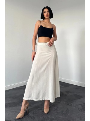 Moda Days Kadın Bej Maxi Etek Kemerli Yüksek Bel A Kesim Düz Günlük Şık