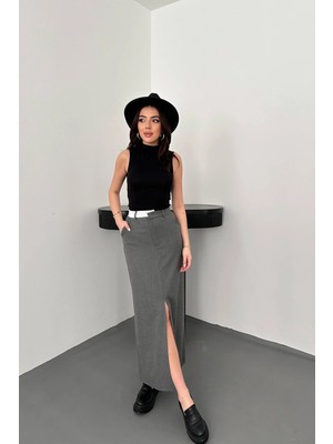 Moda Days Kadın Gri Yüksek Bel Yırtmaçlı Cepli Kemerli Uzun Kalem Etek