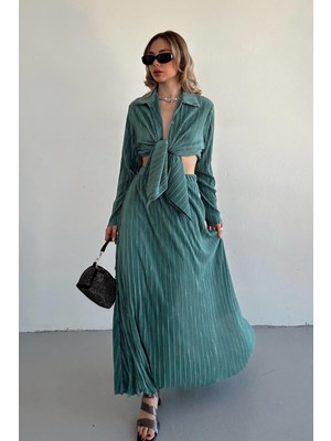 Moda Days Kadın Mint Alt - Üst Takım Fitilli Dokulu Bağlamalı Gömlek Uzun Etek Ikili Takım