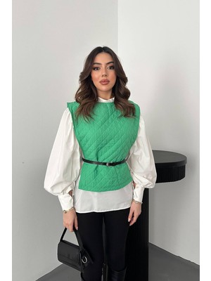 Moda Days Kadın Yeşil Gömlek ve Panço Takım Kapitone Desenli Kemerli Balon Kollu Ikili