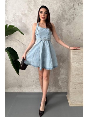Moda Days Kadın Kar Yıkama Elbise Kuplu Askılı Kemerli Denim Mini A Kesim Cepli Yıkamalı