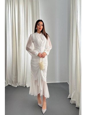 Moda Days Kadın Beyaz Şifon Ön Büzgülü Dik Yaka Uzun Kollu Yırtmaçlı Midi Elbise