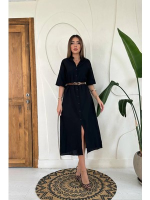 Moda Days Kadın Siyah Keten Gömlek Yaka Düğmeli Kısa Kollu Midi Düz Dokuma Elbise