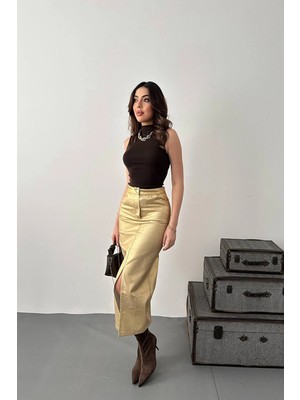 Moda Days Kadın Altın Varaklı Gabardin Yüksek Bel Yırtmaçlı Midi Kalem Etek