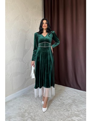 Moda Days Kadın Zümrüt Kadife Elbise V Yaka Inci Detaylı Uzun Kollu Tül Etek Uçlu Midi