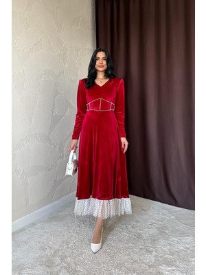 Moda Days Kadın Kırmızı Kadife Elbise V Yaka Inci Detaylı Uzun Kollu Tül Etek Uçlu Midi