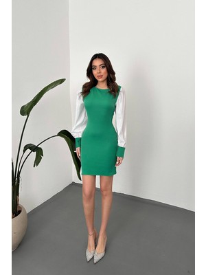 Moda Days Kadın Zümrüt Mini Elbise Bisiklet Yaka Balon Kollu Atlas Detaylı Dar Kalıp