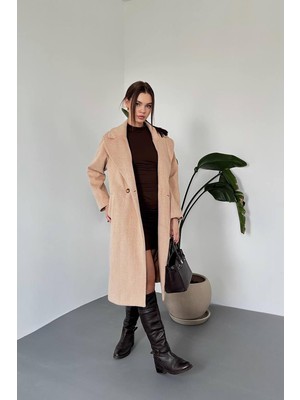 Moda Days Kadın Camel Uzun Kaban Ceket Yaka Düğmeli Cepli Düz Dokuma Kışlık