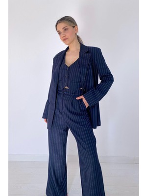 Moda Days Kadın Lacivert Çizgili Ceket Yelek Pantolon Takım, 3 Parçalı Geniş Paça Düğmeli