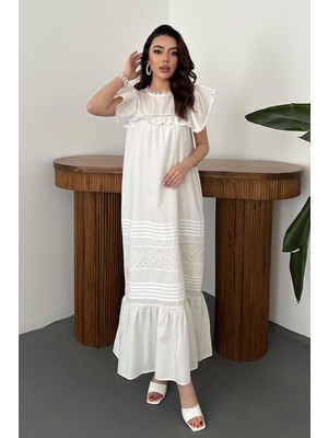 Moda Days Kadın Beyaz Maxi Elbise Fırfır Kollu Büzgülü Dantel Detaylı Pamuklu