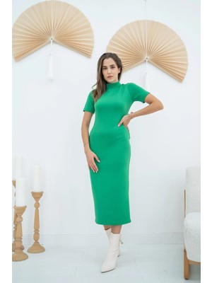 Moda Days Kadın Yeşil Balıkçı Yaka Kısa Kollu Dar Kalıp Düz Desen Midi Elbise