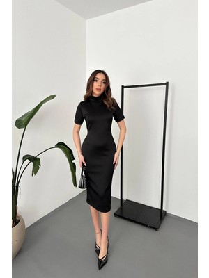 Moda Days Kadın Siyah Balıkçı Yaka Kısa Kollu Dar Kalıp Düz Desen Midi Elbise