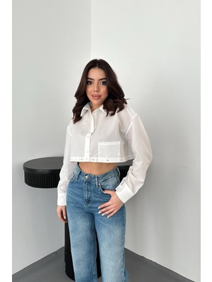 Moda Days Kadın Beyaz Poplin Gömlek Beli Ayrılabilen Cepli Uzun Kollu Düğmeli Gömlek Yaka