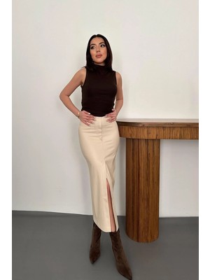 Moda Days Kadın Bej Yüksek Bel Yırtmaçlı Süs Patlı Kalem Kesim Midi Etek
