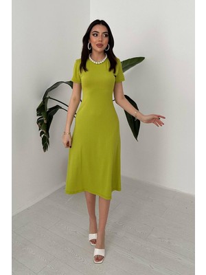 Moda Days Kadın Yeşil Fitilli Bisiklet Yaka Kısa Kollu Midi Triko Elbise