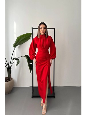 Moda Days Kadın Kırmızı Uzun Kollu Dik Yaka Büzgülü Yırtmaçlı Maxi Kalem Elbise