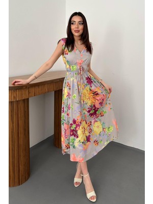 Moda Days Kadın Mavi Çiçek Desenli V Yaka Belden Bağlamalı Sırt Dekolteli Midi Elbise