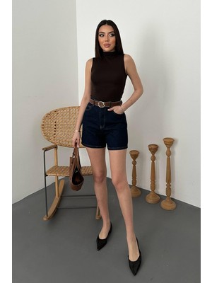 Moda Days Kadın Mavi Denim Yüksek Bel 5 Cepli Kontrast Dikişli Kısa Şort