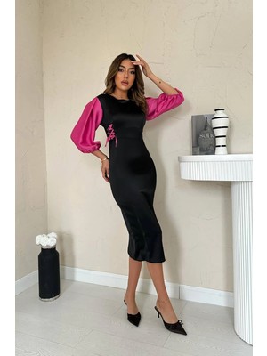 Moda Days Kadın Siyah Fuşya Midi Saten Elbise Fuşya Balon Kollu Yan Bağcıklı Kayık Yaka