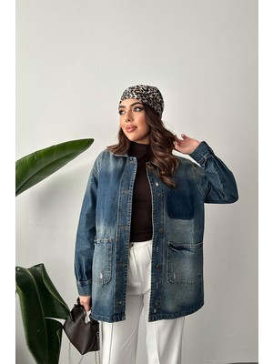Moda Days Kadın Mavi Kot Ceket Vintage Yıkamalı Düğmeli Cepli Uzun Kollu Denim