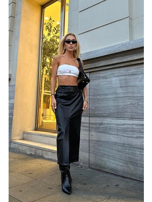 Moda Days Kadın Siyah Yüksek Bel Yırtmaçlı Süs Patlı Kalem Kesim Midi Etek