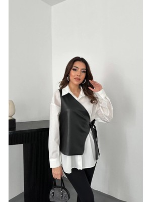 Moda Days Kadın Beyaz Uzun Kollu Gömlek Yaka Yandan Bağlamalı Yelek Detaylı