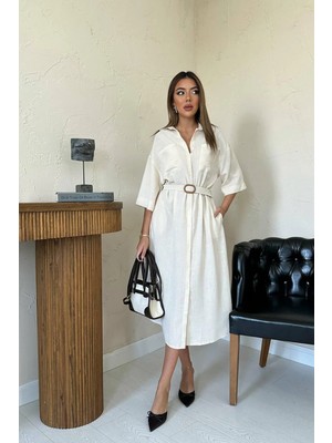 Moda Days Kadın Bej Gömlek Elbise Kemerli Cep Detaylı Düğmeli Midi Boy Yarım Kollu