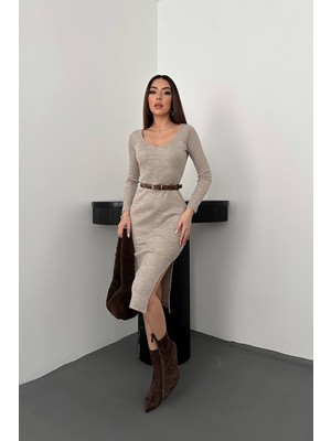 Moda Days Kadın Bej Uzun Kollu U Yaka Fitilli Yırtmaçlı Midi Triko Elbise