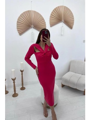 Moda Days Kadın Fuşya Midi Kalem Elbise Göğüs Büklüm Detaylı Cut-Out V Yaka Uzun Kollu