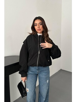 Moda Days Kadın Siyah Bomber Ceket Fermuarlı Kapaklı Cepli Panelli Ribanalı Uzun Kollu Normal Boy