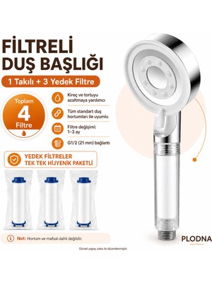 Plodna House Plodna Filtreli Duş Başlığı 1 Takılı + 3 Hijyenik Paketli Yedek Filtre G1/2 Uyumlu