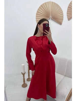 Moda Days Kadın Kırmızı Uzun Saten Elbise Bisiklet Yaka Büzgü Detaylı Uzun Kollu