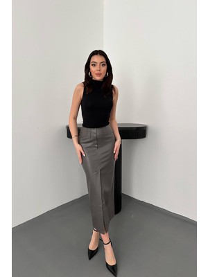Moda Days Kadın Gri Yüksek Bel Yırtmaçlı Süs Patlı Kalem Kesim Midi Etek