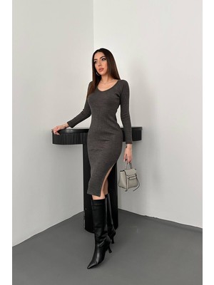 Moda Days Kadın Antrasit Uzun Kollu U Yaka Fitilli Yırtmaçlı Midi Triko Elbise