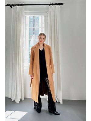 Moda Days Kadın Camel Kuşaklı Midi Kaban Ceket Yaka Cepli Uzun Kollu Dokuma Dış Giyim