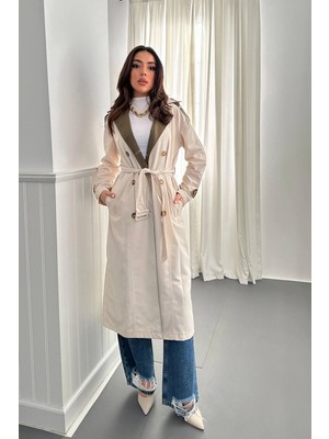 Moda Days Kadın Bej Haki Trençkot Kruvaze Kemerli Uzun Kollu Cepli Arkası Çizgi Detaylı