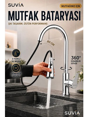 Suvia Mutfak Bataryası 3 Fonksiyonlu 360° Döner Uzatmalı Çekilebilir Başlıklı Evye Musluğu