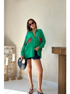 Moda Days Kadın Yeşil Oversize Püskül Detaylı Çift Cepli Uzun Kollu Gömlek