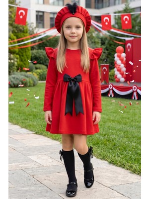 Parla Kids Kız Çocuk Kırmızı Sofia Pamuklu Fiyonk Detaylı Yılbaşı Elbise Kep Takım 29 Ekim Gösteri Kıyafeti