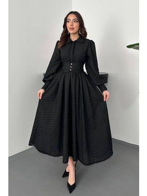 Moda Days Kadın Siyah Brode Fisto Kemerli Hakim Yaka Balon Kollu Midi Elbise