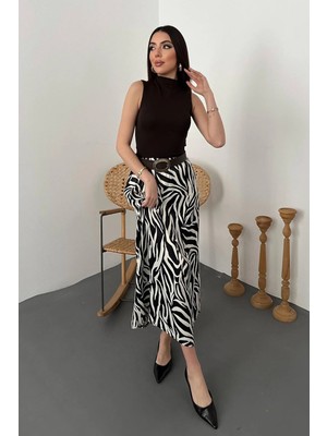 Moda Days Kadın Siyah Zebra Desenli Saten Lastikli Midi Etek Günlük Şık Kombin