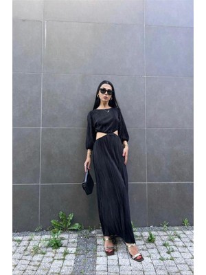 Moda Days Kadın Siyah Piliseli Maxi Elbise Kayık Yaka Uzun Balon Kol Bel Dekolteli