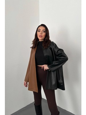Moda Days Kadın Siyah Gömlek Çıtçıtlı Suni Deri Garnili Renk Bloklu Uzun Kollu