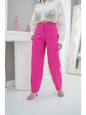 Moda Days Kadın Fuşya Yüksek Bel Düz Kesim Yan Cepli Uzun Paça Pantolon