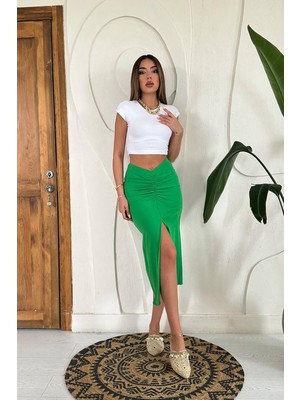 Moda Days Kadın Yeşil Yırtmaçlı Midi Etek Büzgü Detaylı Yüksek Bel Düz Kalem Kesim