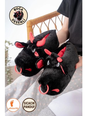 Albishoes Boğa Sessiz Taban Panduf Peluş Ev Ayakkabı Hayvanlı Panduf Ev Ayakkabısı Ses Yapmaz Taban